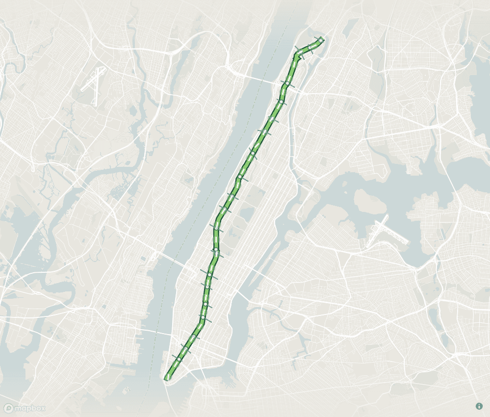 Broadway traced in lime green through Manhattan, from Bowling Green to Inwood