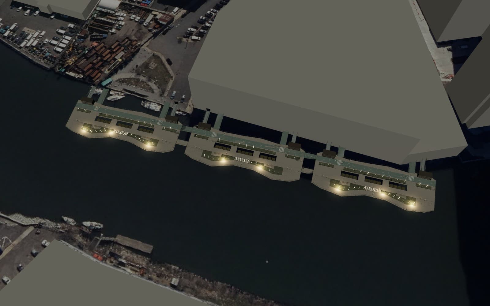 Linked DataBarge decks illuminated along Newtown Creek in an architectural site study