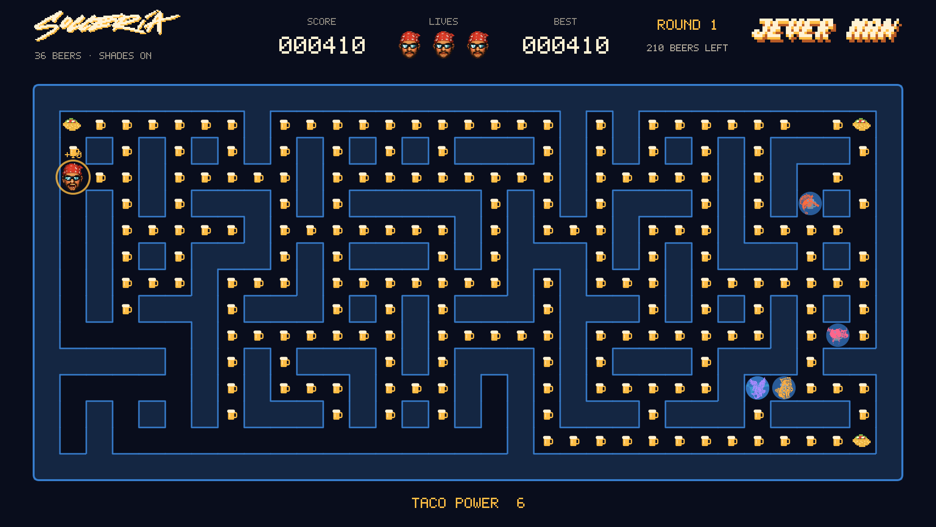 Jever Man maze with beer pickups, taco power-ups, chasers, score, and lives