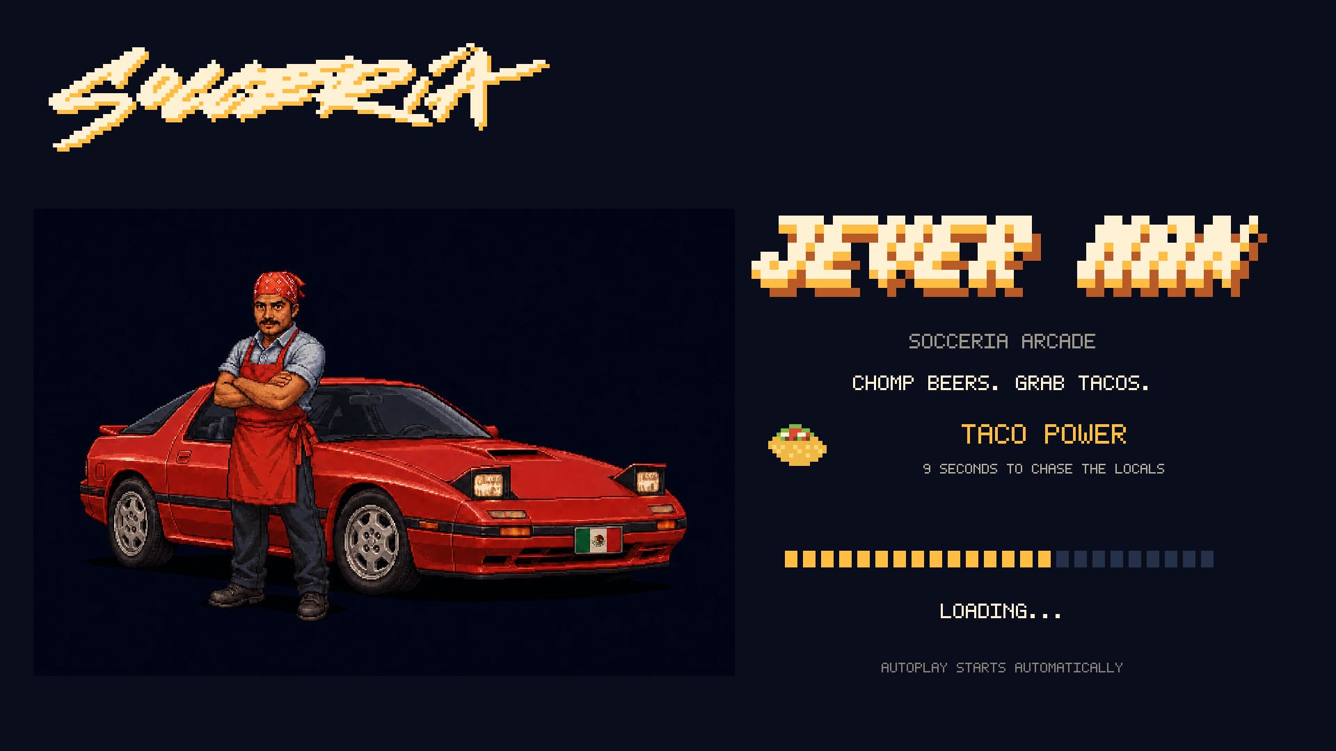 Jever Man title screen with its pixel wordmark, character, red RX-7, and loading meter