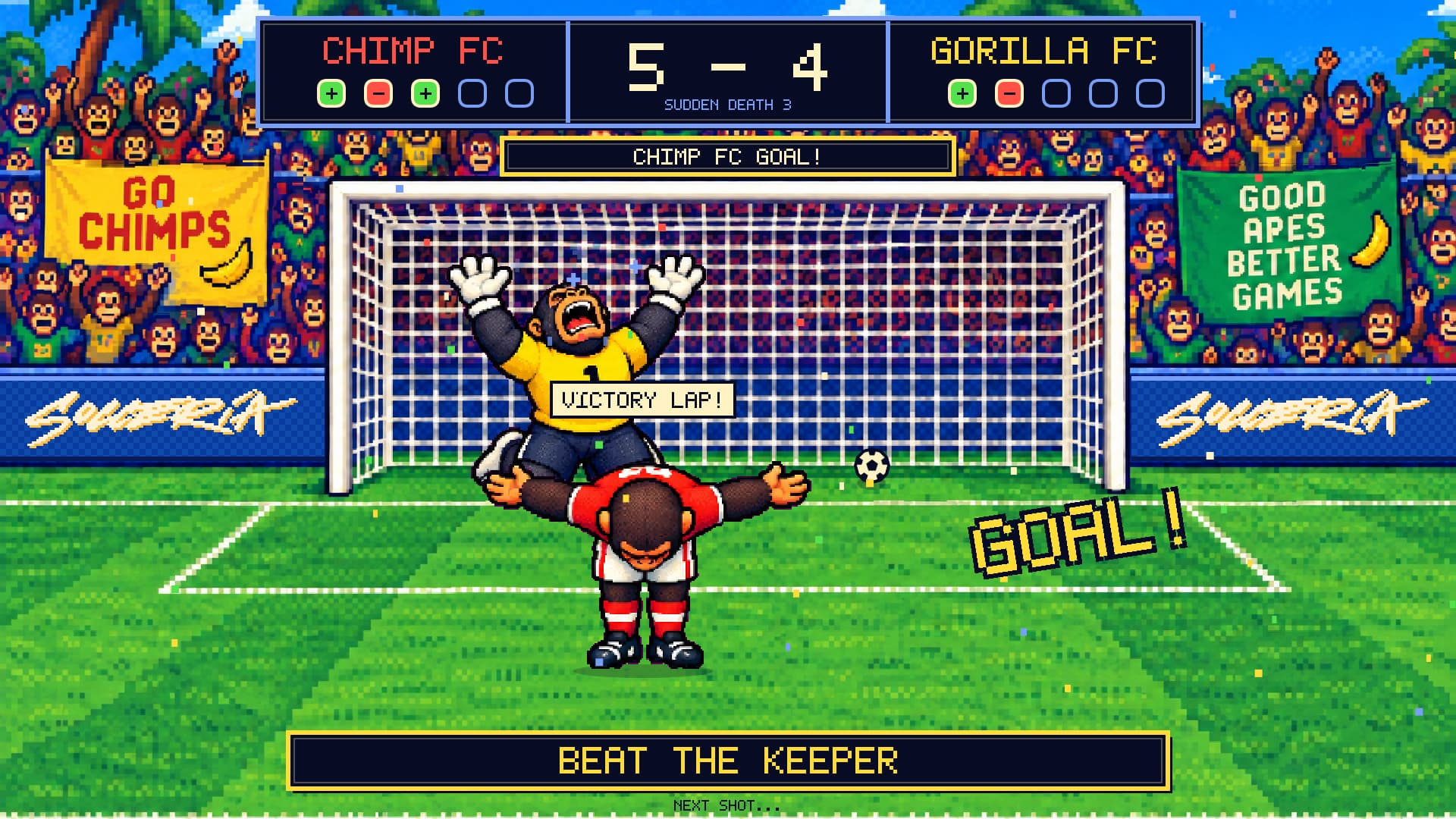Chimp FC scores in a colorful penalty shootout against Gorilla FC
