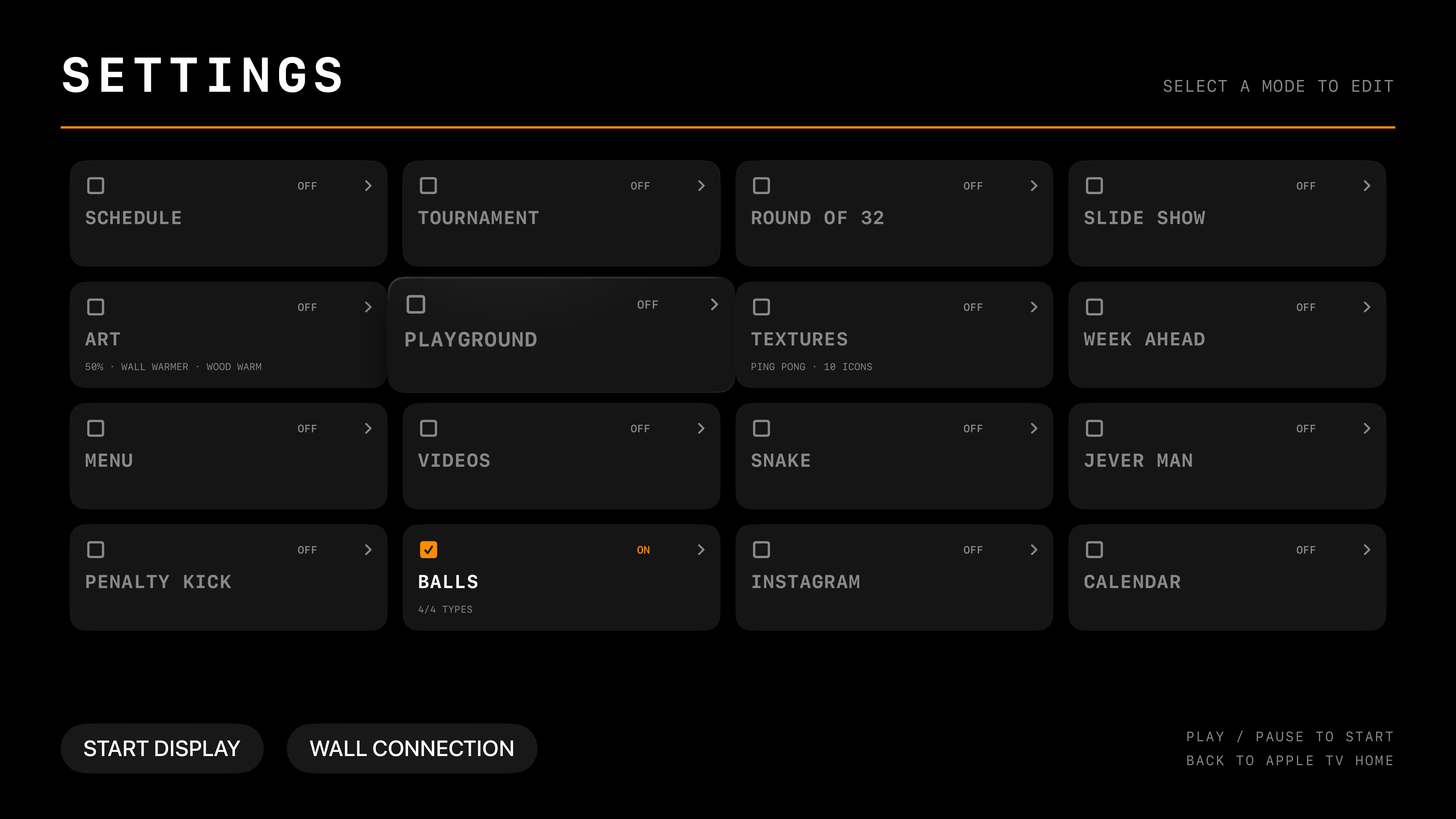 SocceriaTV settings screen showing the mode selection grid and start display control