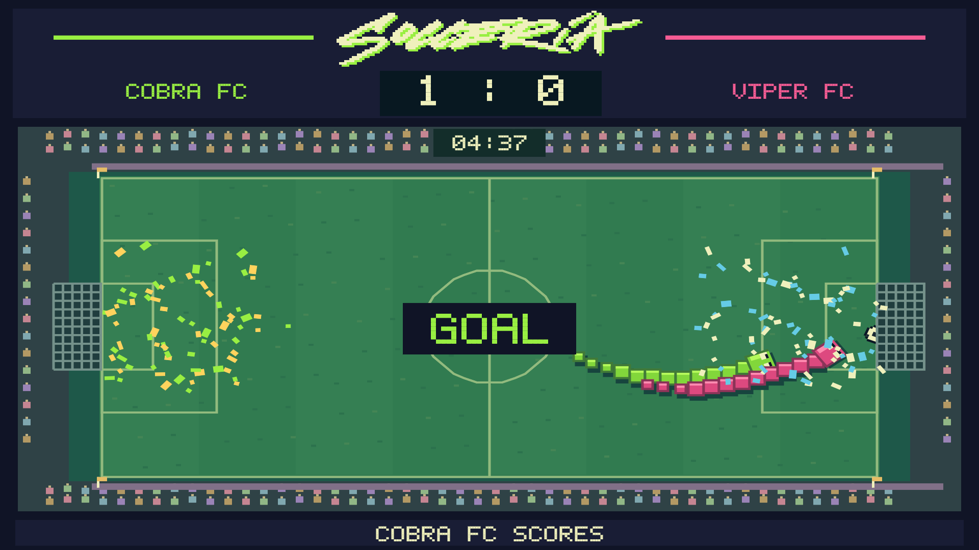 Cobra FC scores against Viper FC on the pixel soccer pitch