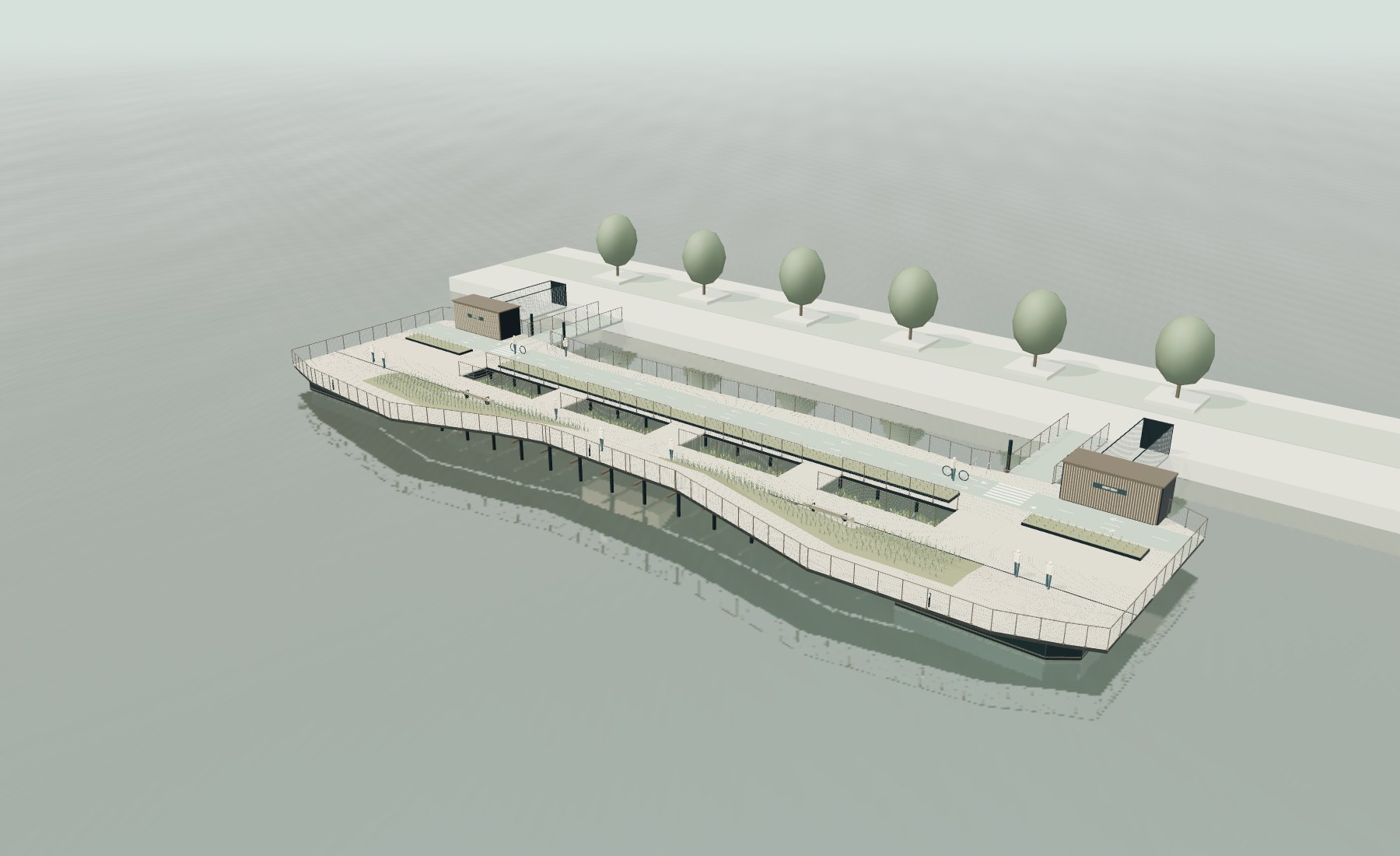 Architectural model of DataBarge with parallel public routes, planting and submerged data halls