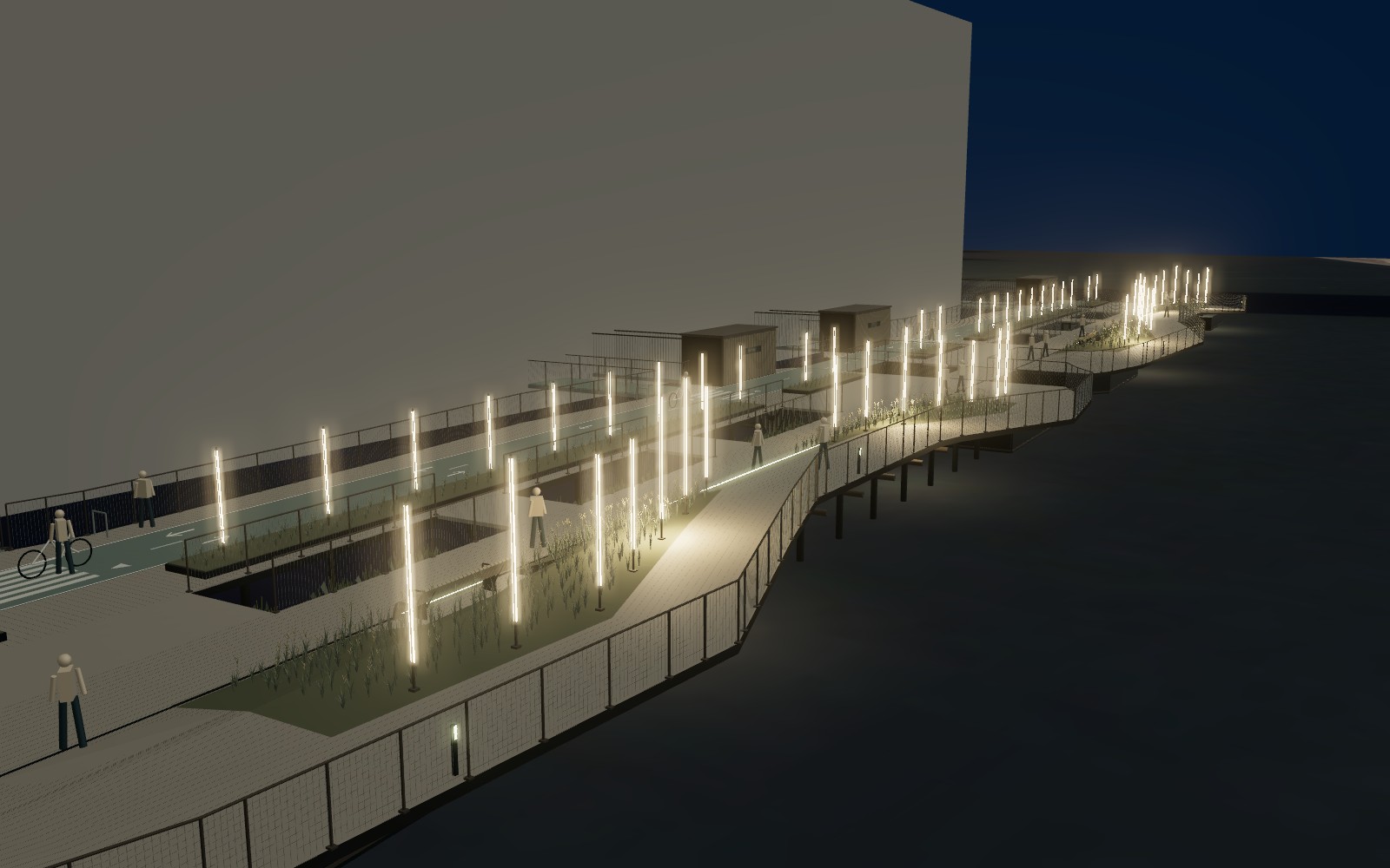 Warm vertical LED sticks among the planted folds and timber paths, viewed close to the deck at night