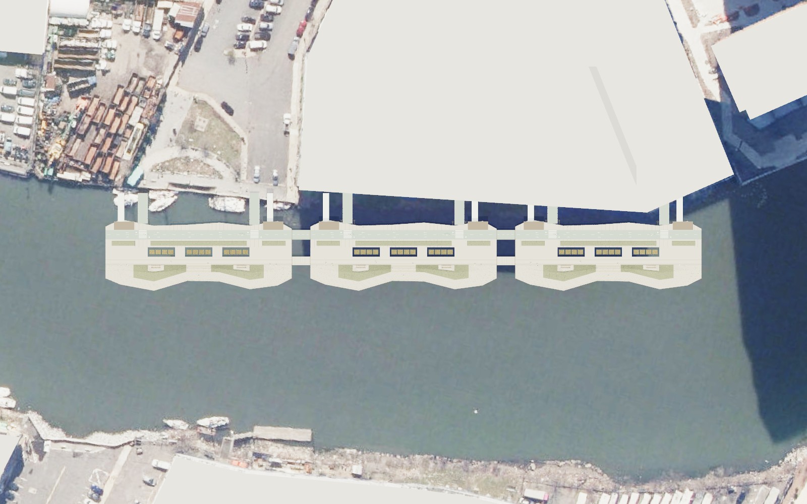 Rotated aerial plan of DataBarge along the Brooklyn bank of Newtown Creek
